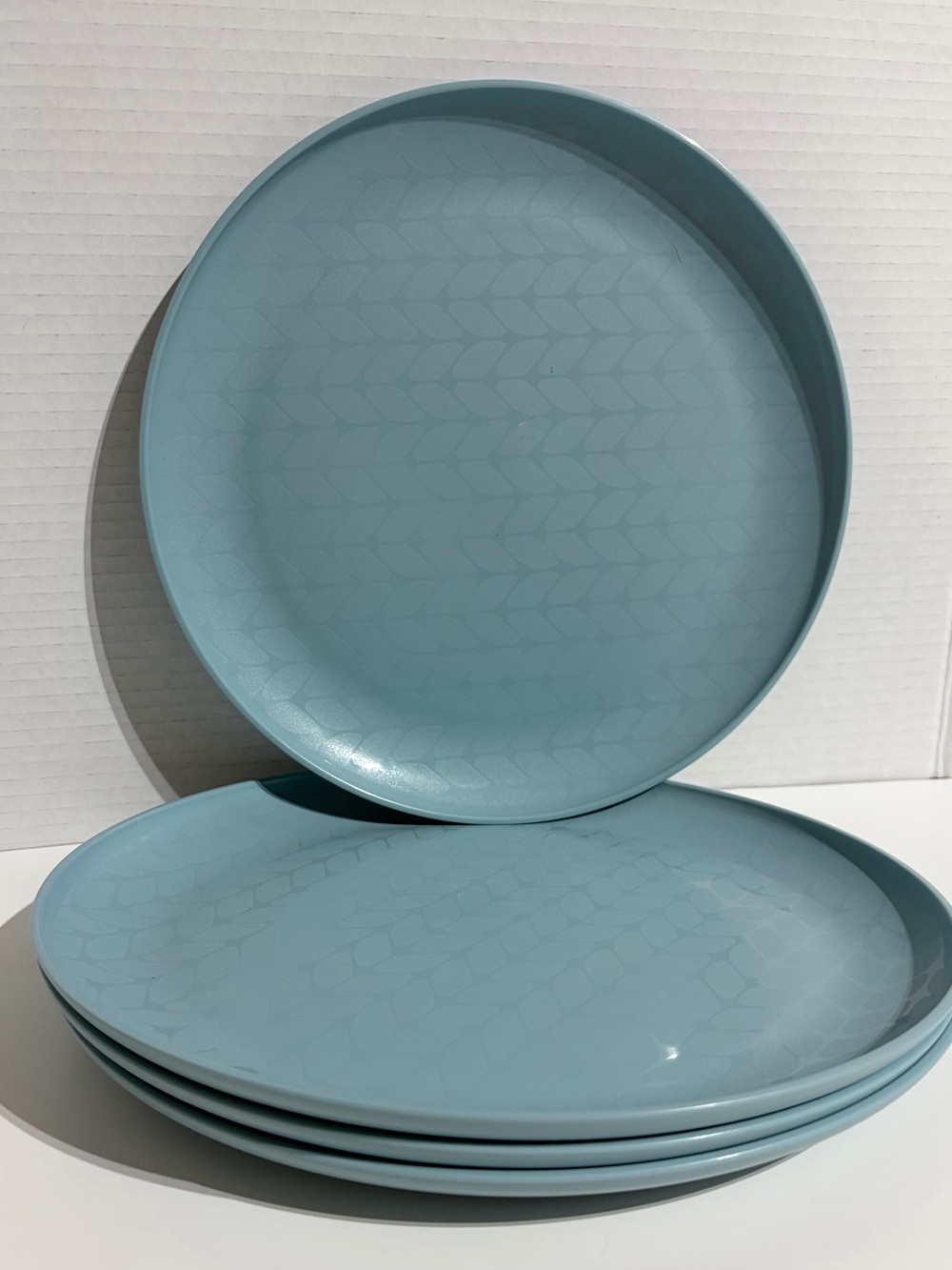 Set 4 Mainstays 10.5” Woven Etch Plastic Dinner Plate Cup Blue Plates Cups NEW